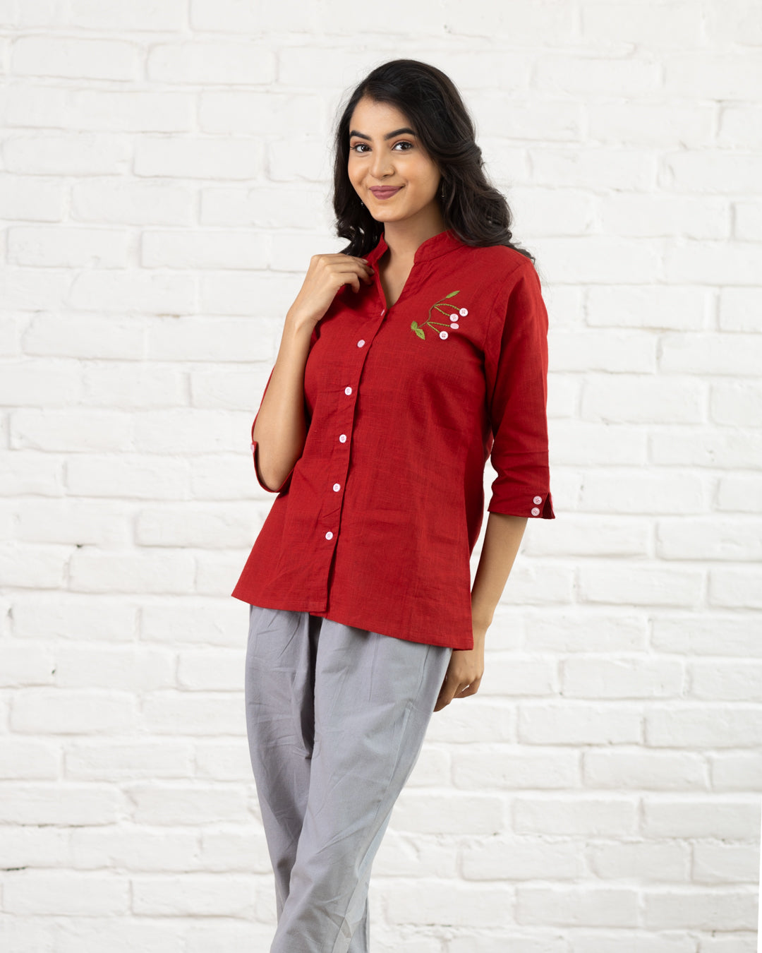 Red Leaf Embroidery Shirt