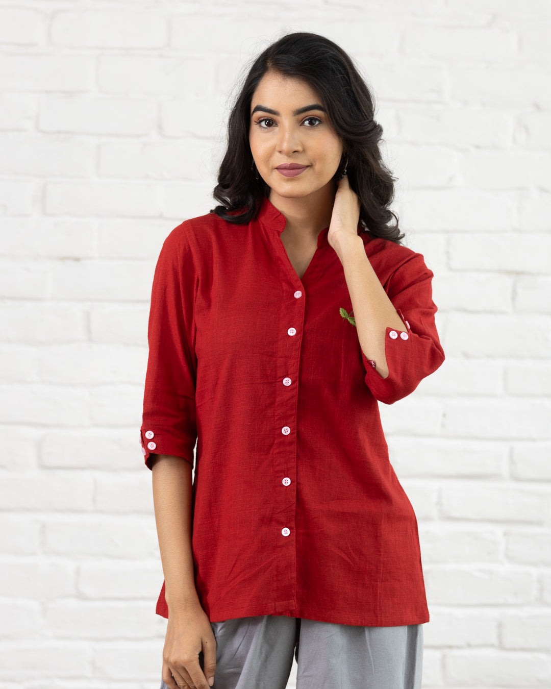 Red Leaf Embroidery Shirt