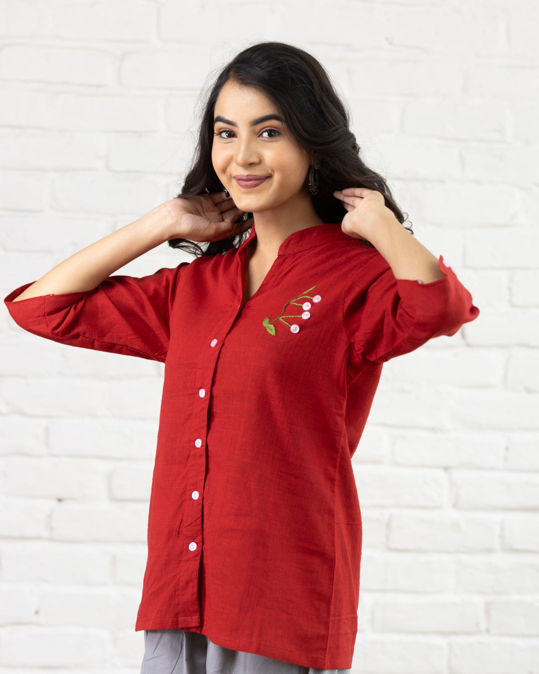 Red Leaf Embroidery Shirt