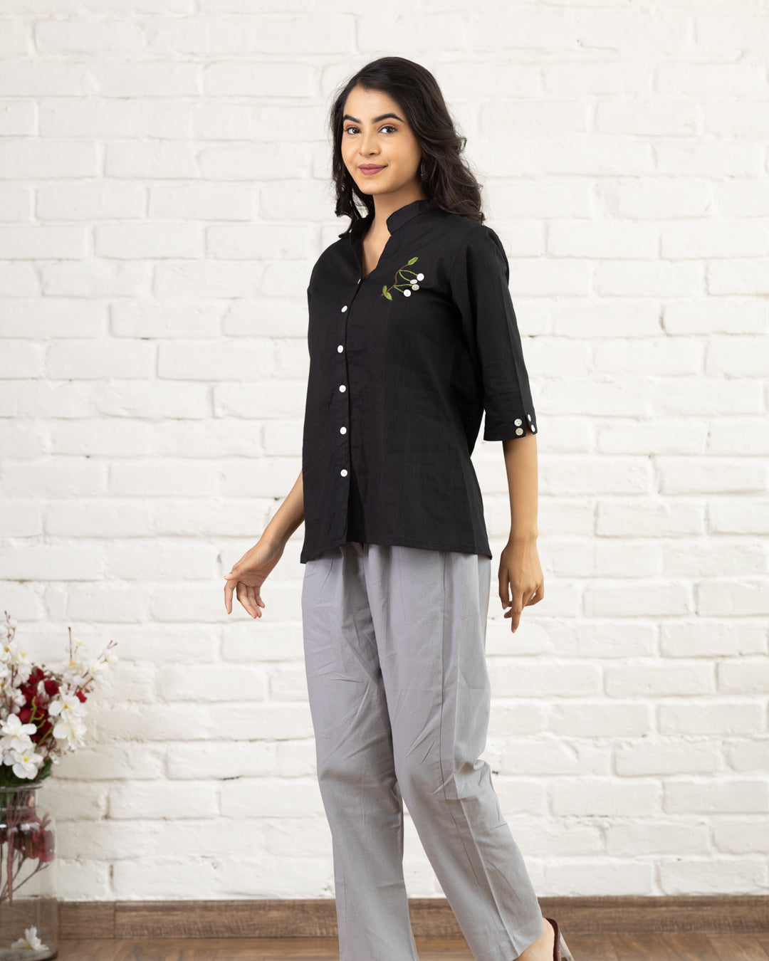 Black Leaf Embroidery Shirt