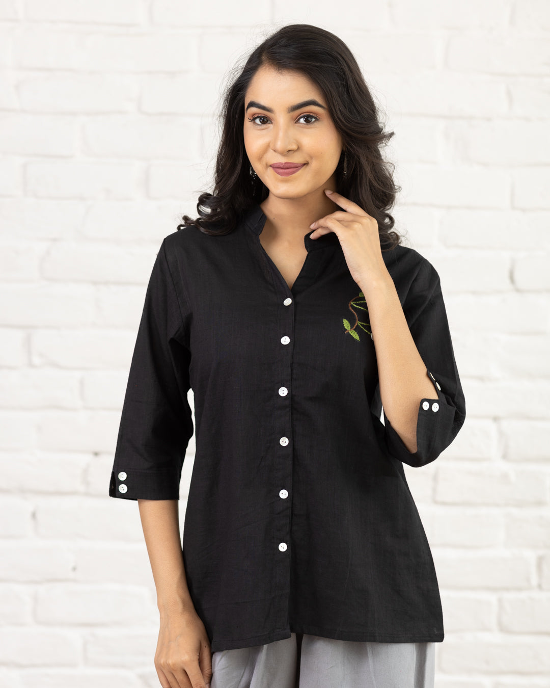 Black Leaf Embroidery Shirt