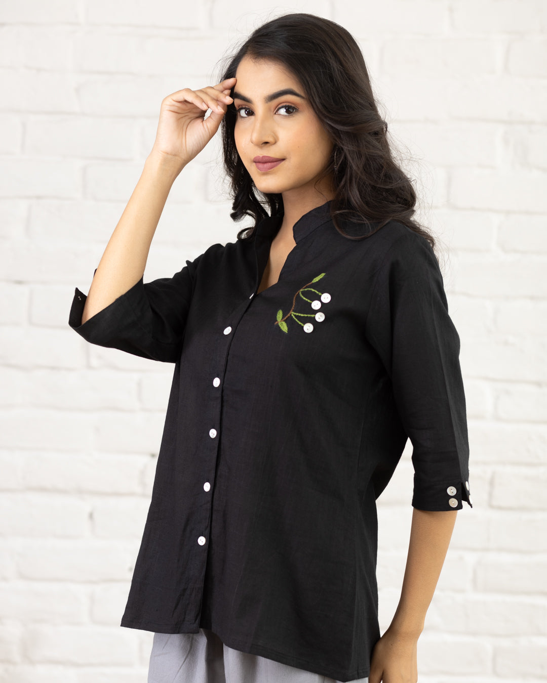 Black Leaf Embroidery Shirt