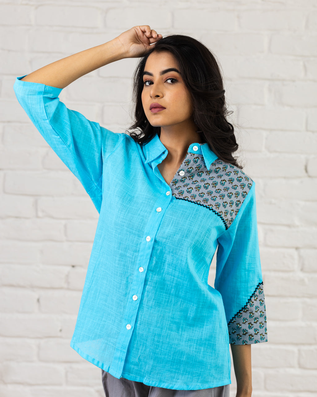 Blue Shoulder Patch Work Shirt
