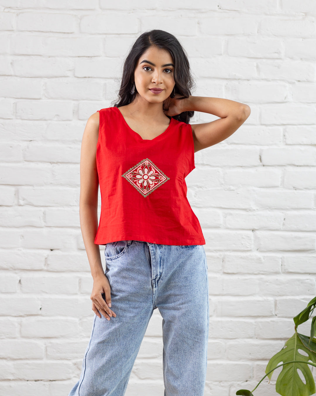 Red Embroidered Crop Top