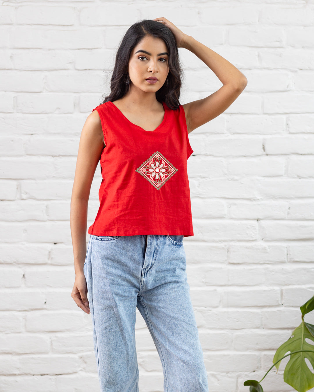 Red Embroidered Crop Top