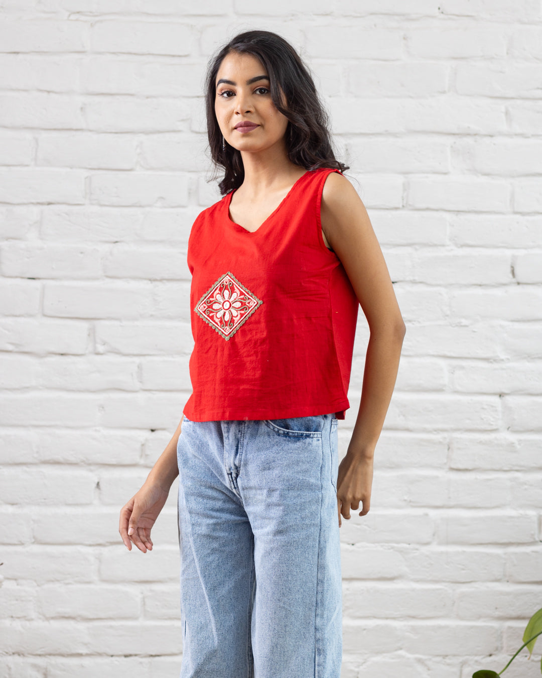 Red Embroidered Crop Top