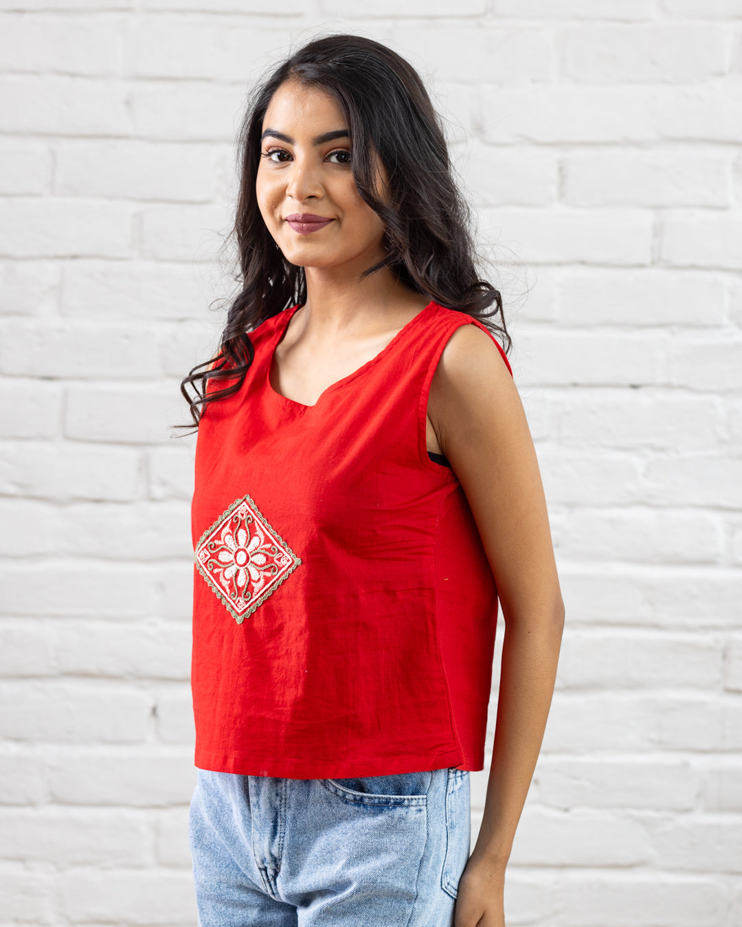 Red Embroidered Crop Top