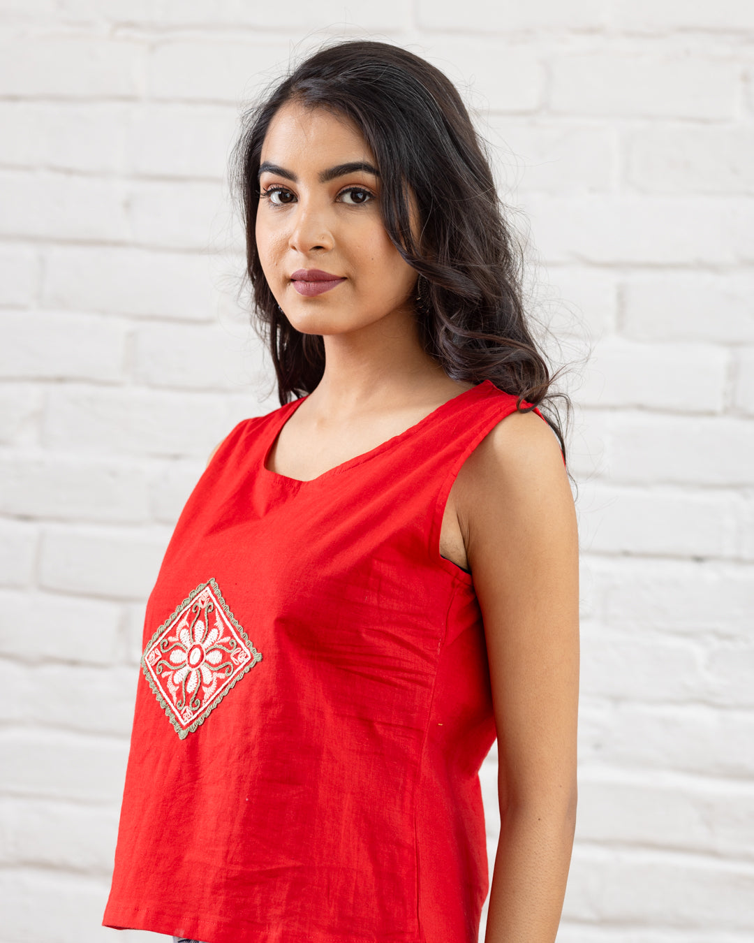 Red Embroidered Crop Top