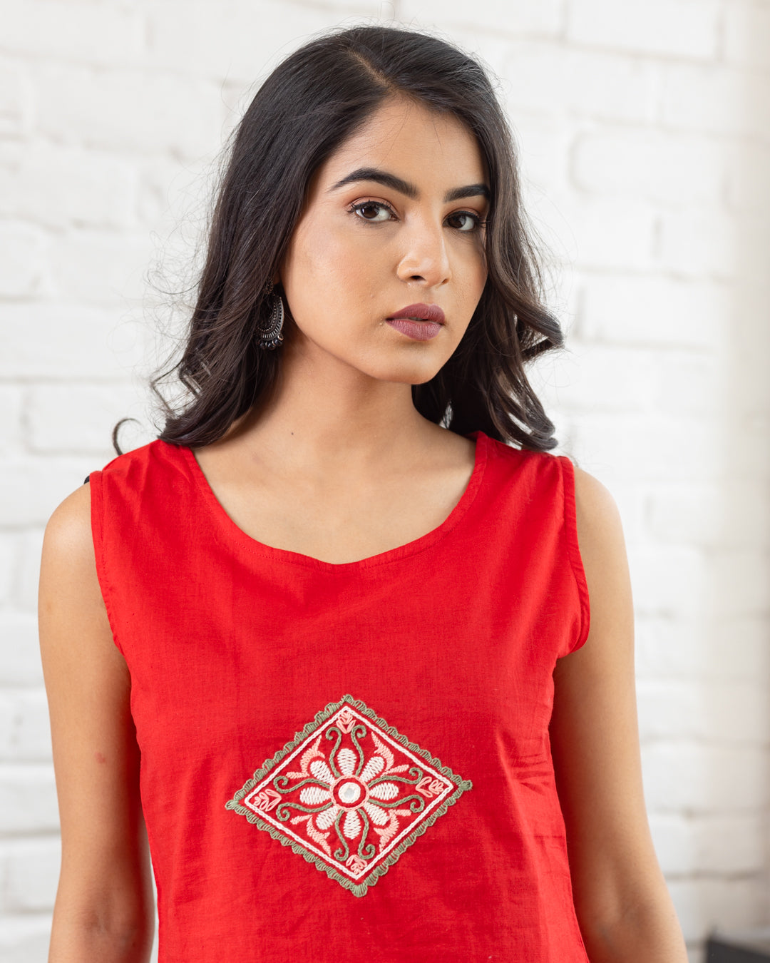 Red Embroidered Crop Top