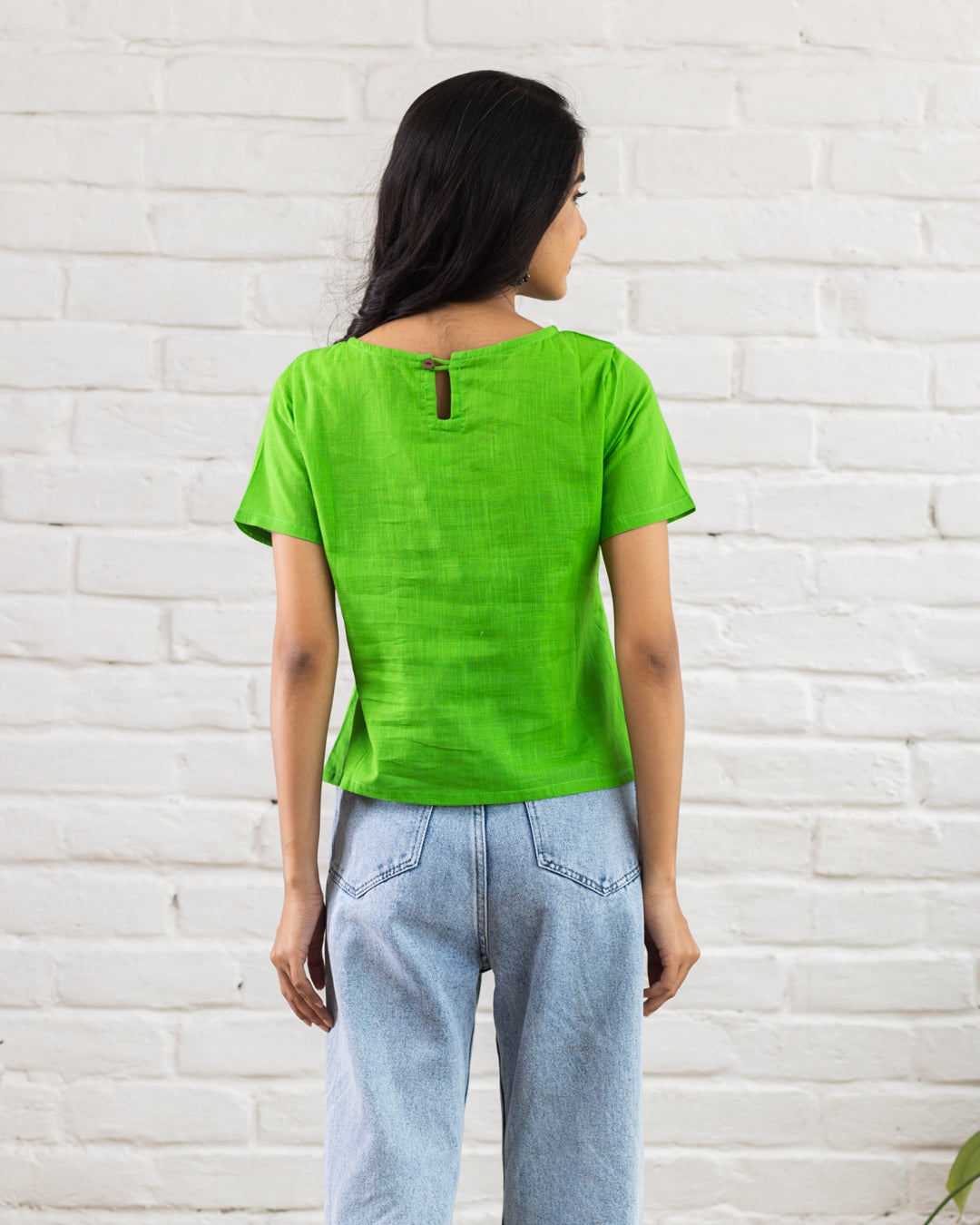 Plain Green Line Embroidery Top