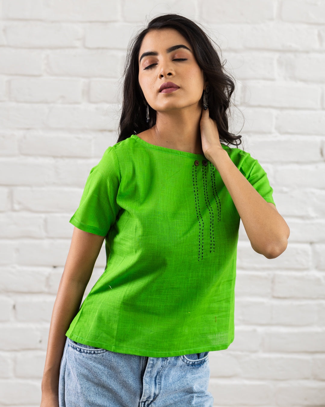 Plain Green Line Embroidery Top