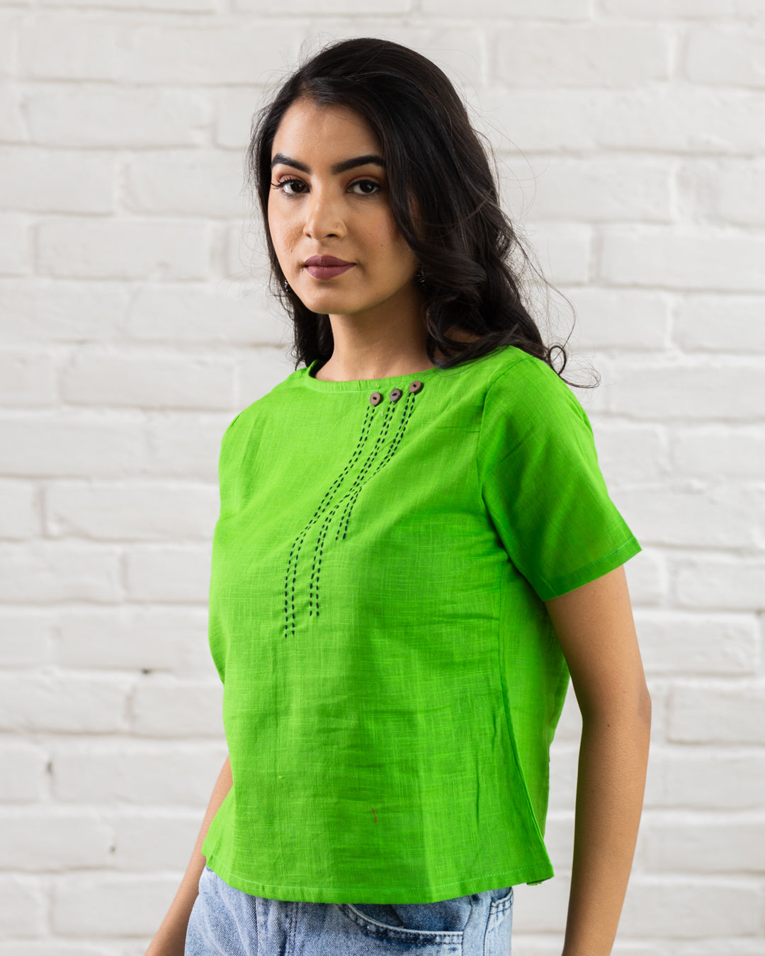 Plain Green Line Embroidery Top