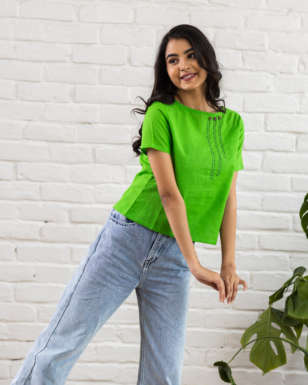 Plain Green Line Embroidery Top