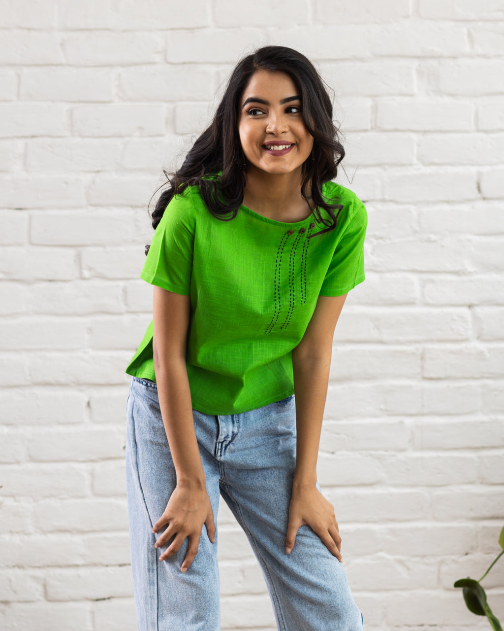 Plain Green Line Embroidery Top