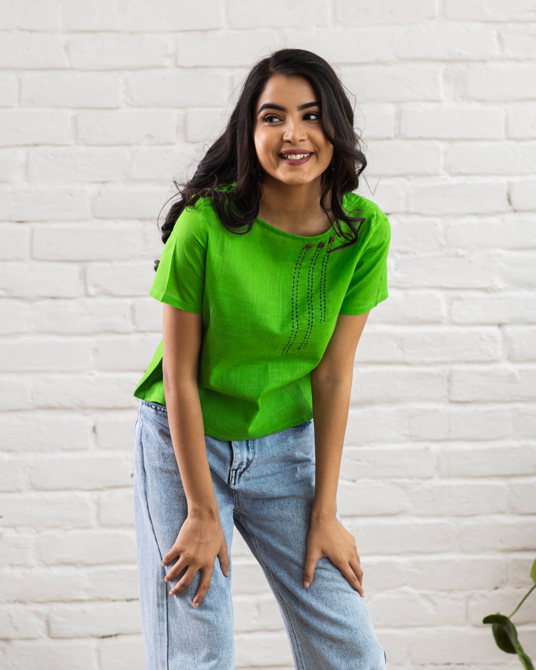 Plain Green Line Embroidery Top