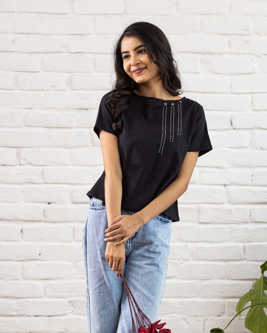 Plain Black Line Embroidery Top