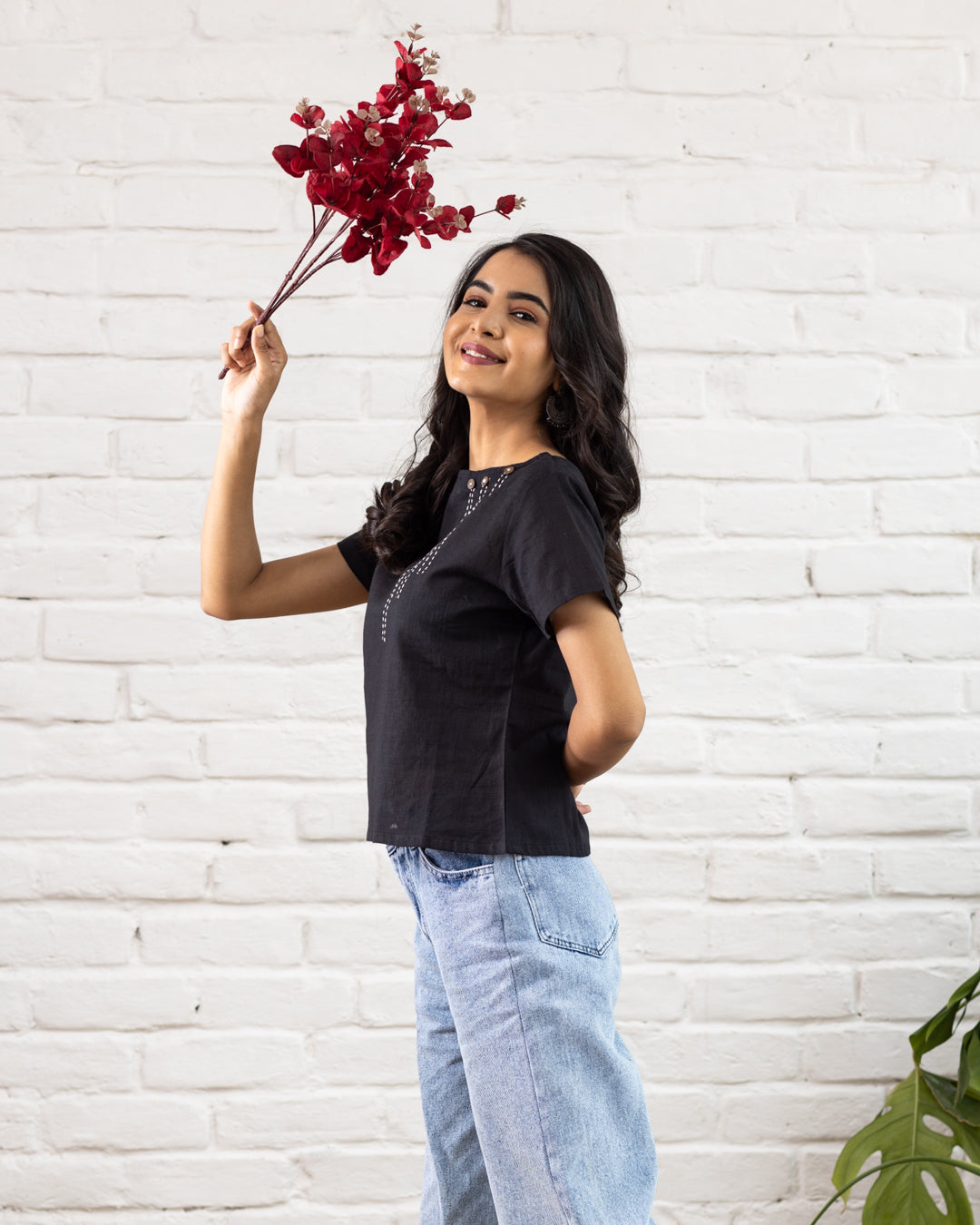 Plain Black Line Embroidery Top
