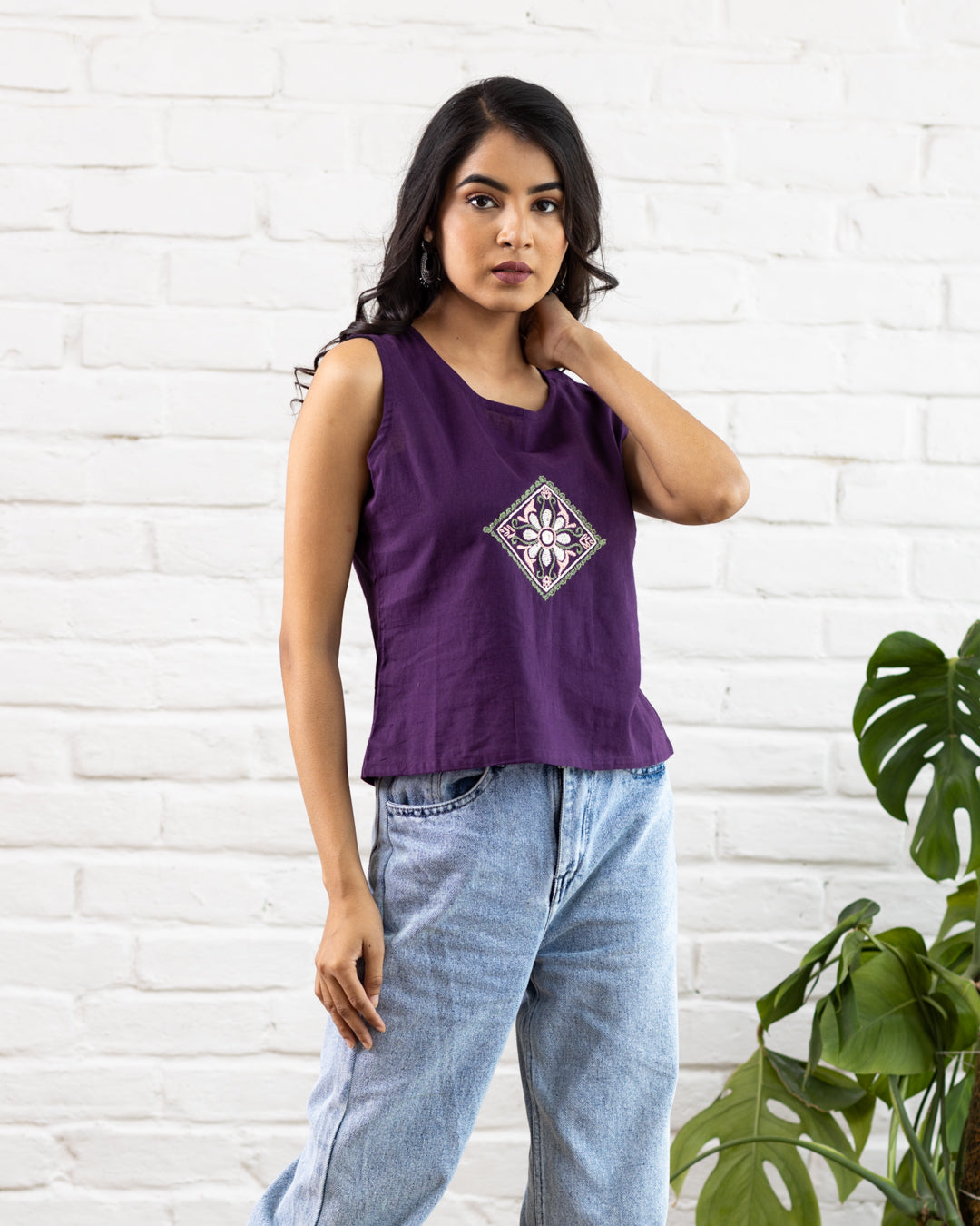 Purple Embroidery Crop Top
