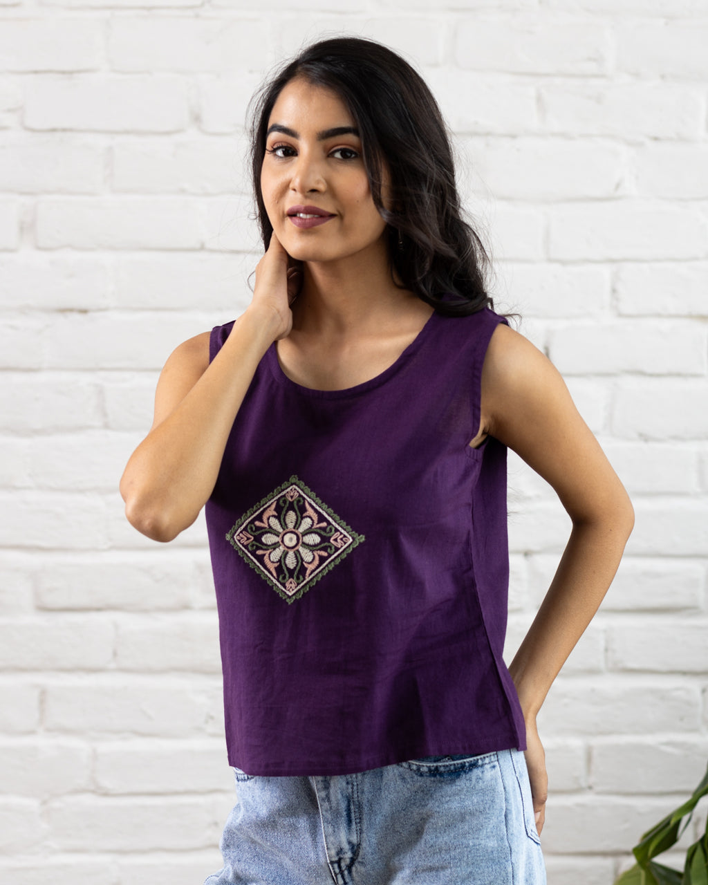 Purple Embroidery Crop Top