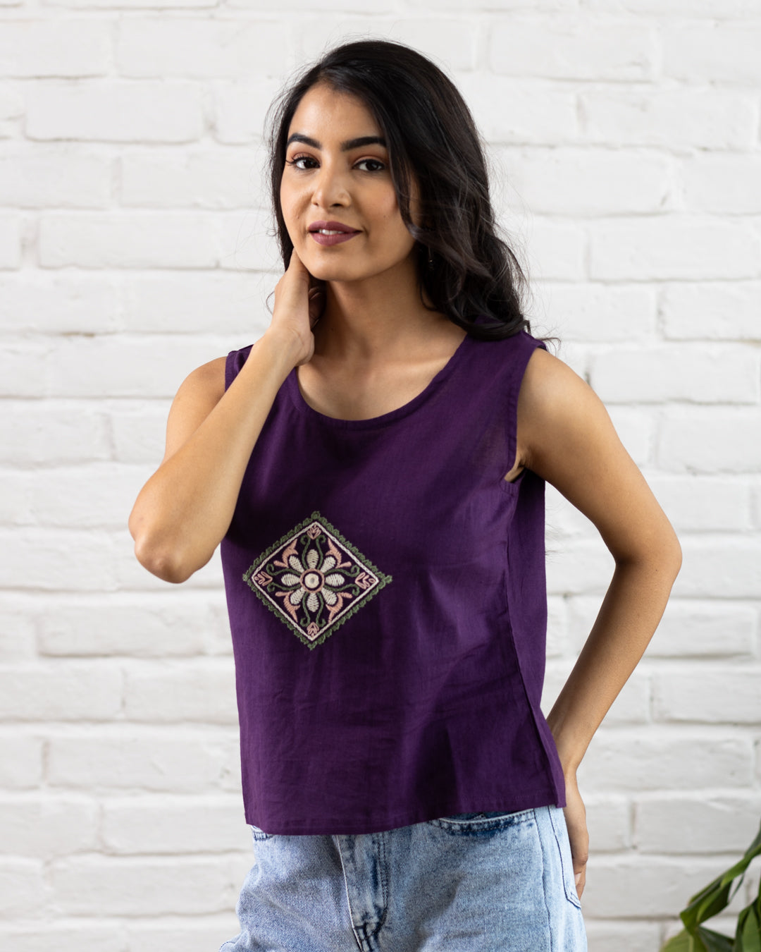 Purple Embroidery Crop Top