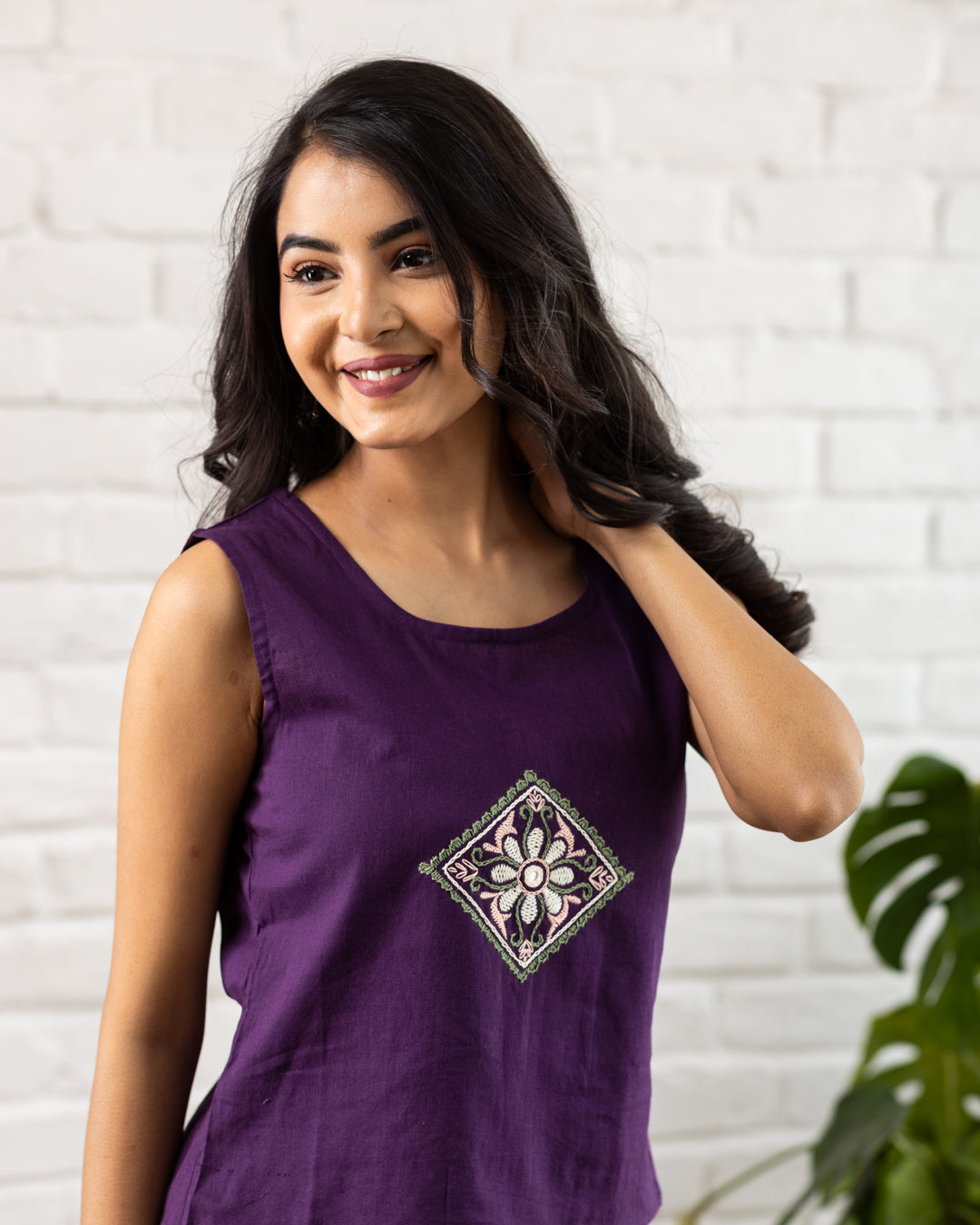 Purple Embroidery Crop Top