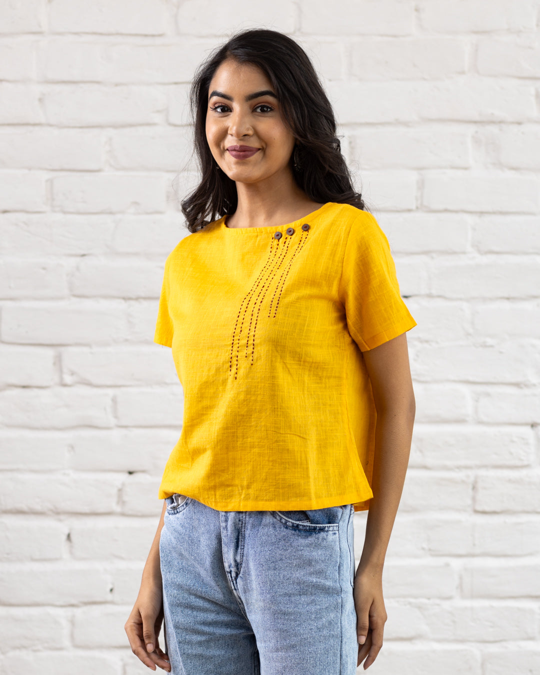 Plain Yellow Line Embroidery Top