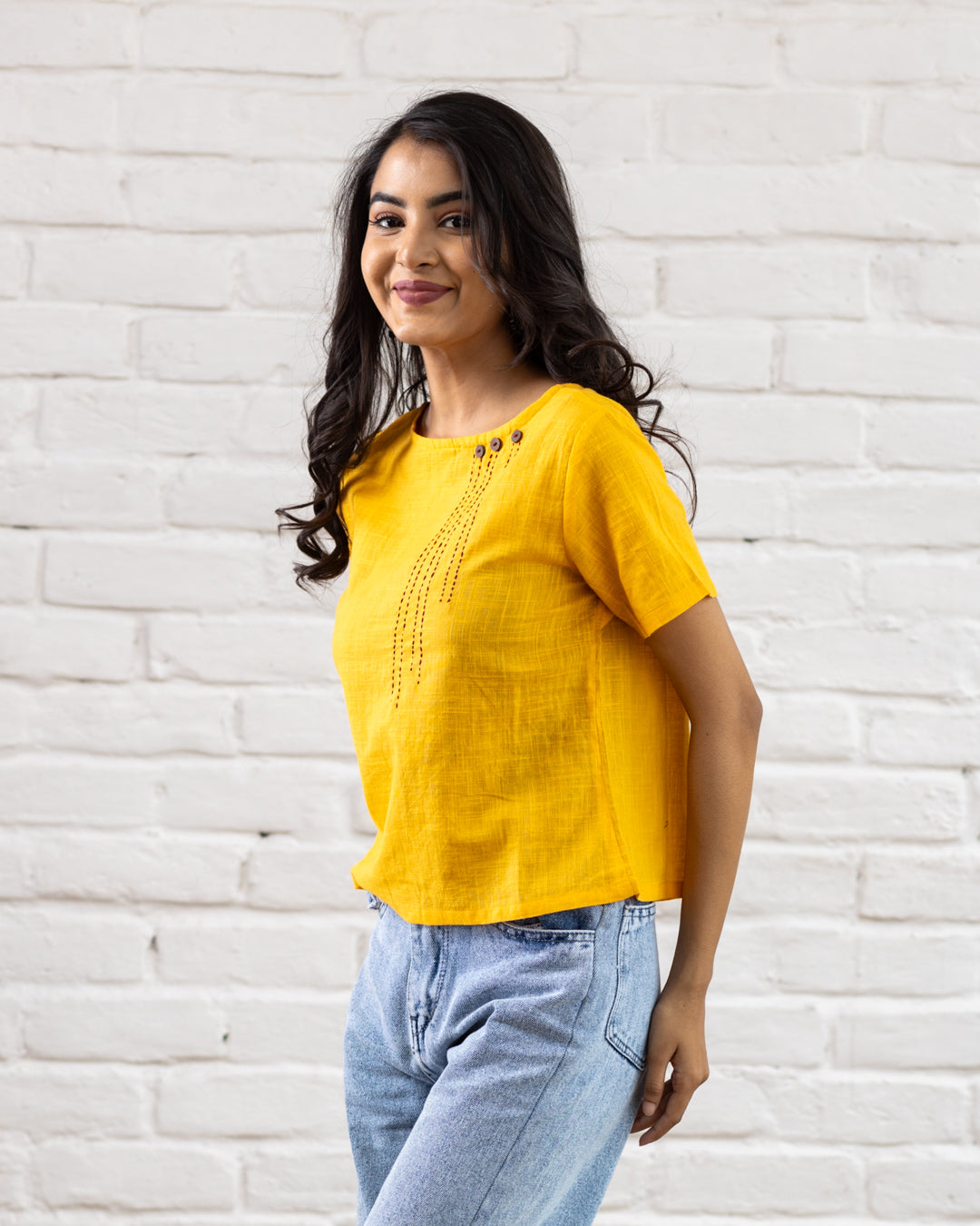 Plain Yellow Line Embroidery Top