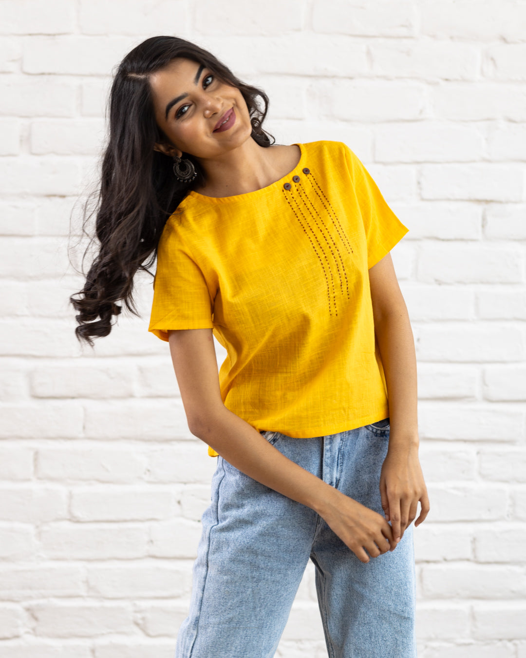 Plain Yellow Line Embroidery Top