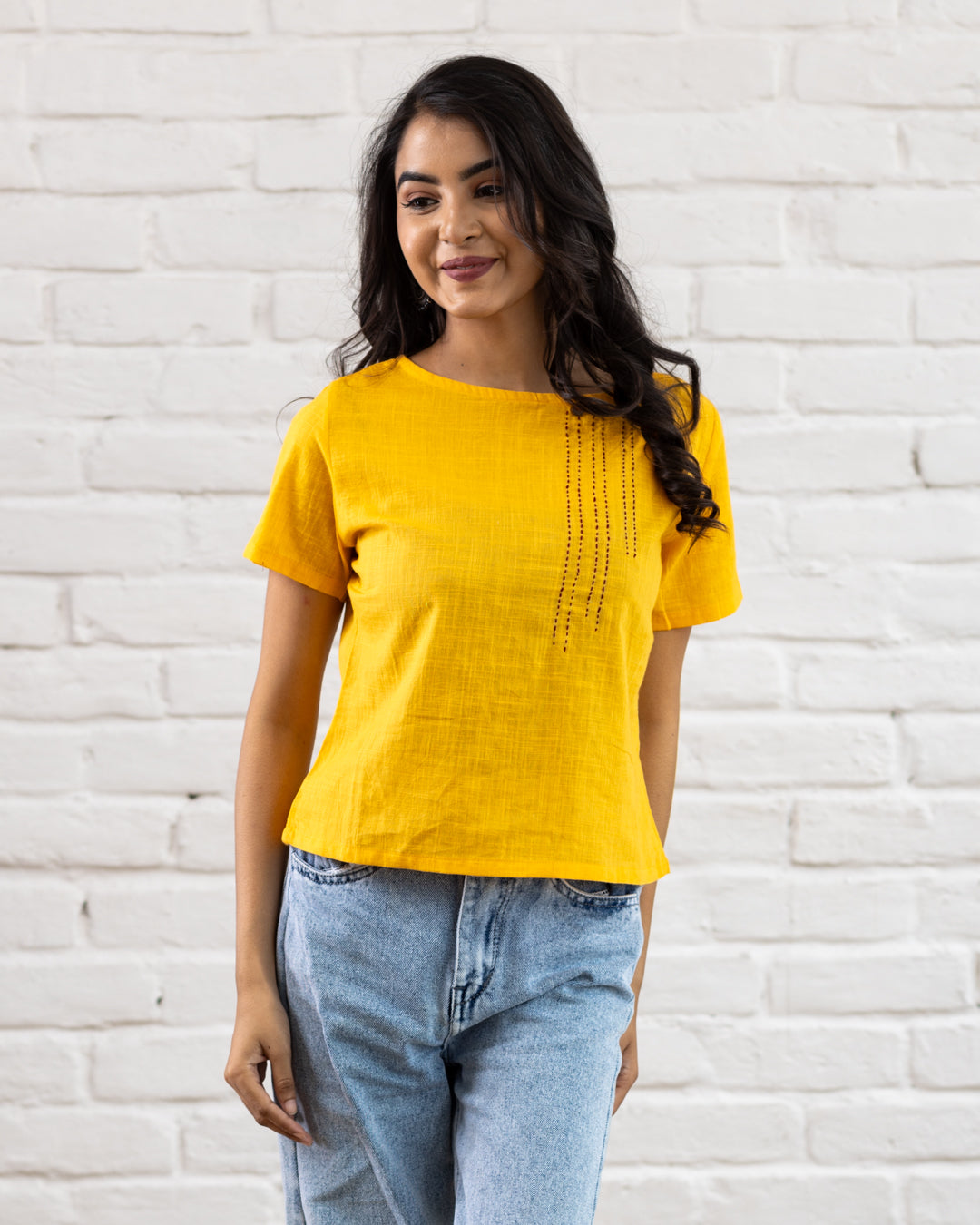 Plain Yellow Line Embroidery Top