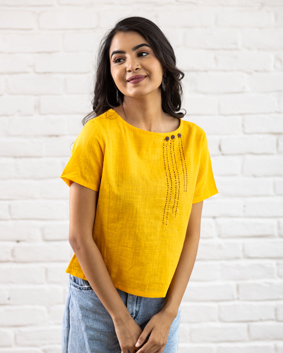 Plain Yellow Line Embroidery Top