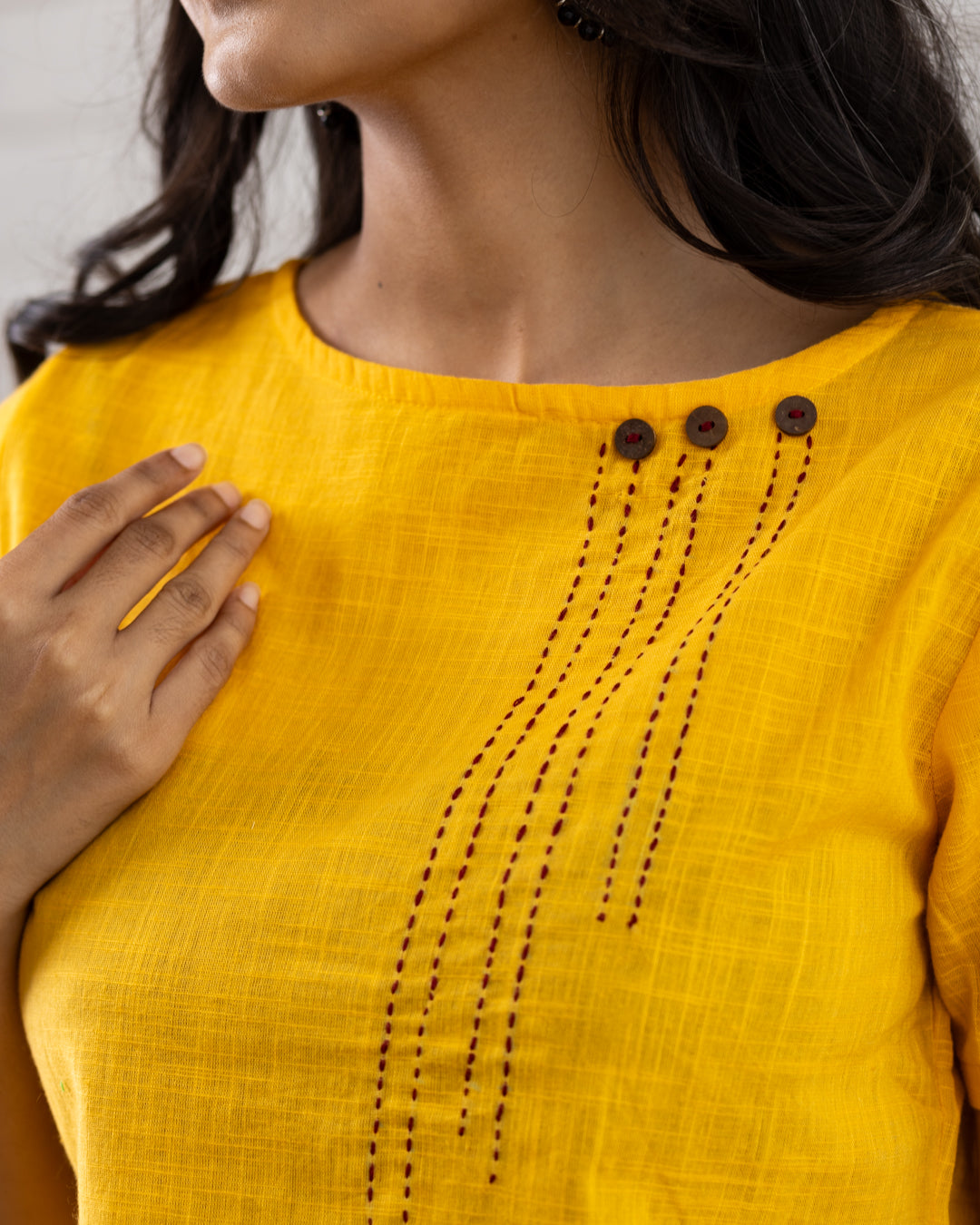 Plain Yellow Line Embroidery Top