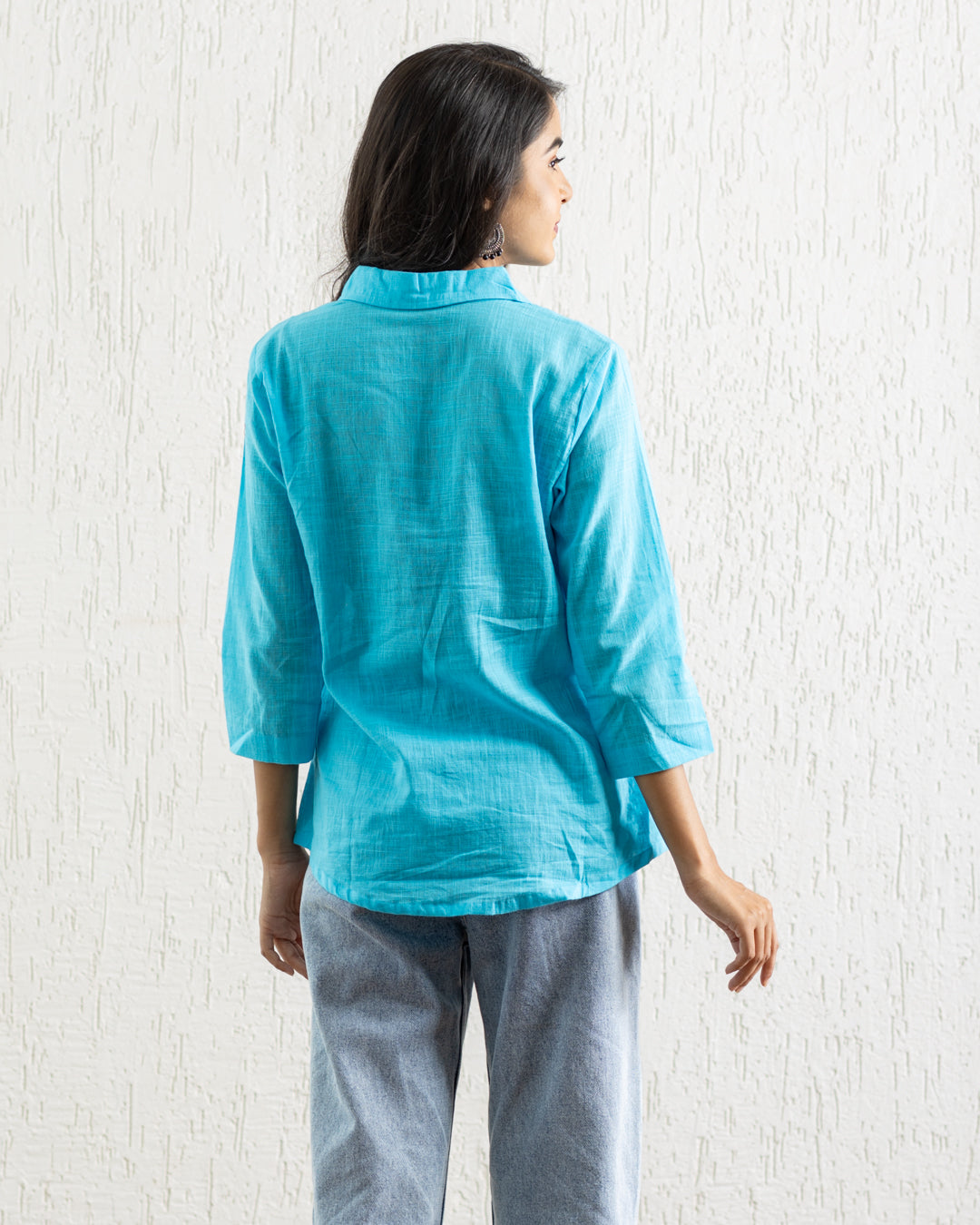 Plain Blue Hanging Embroidery and Printed Pocket Shirt