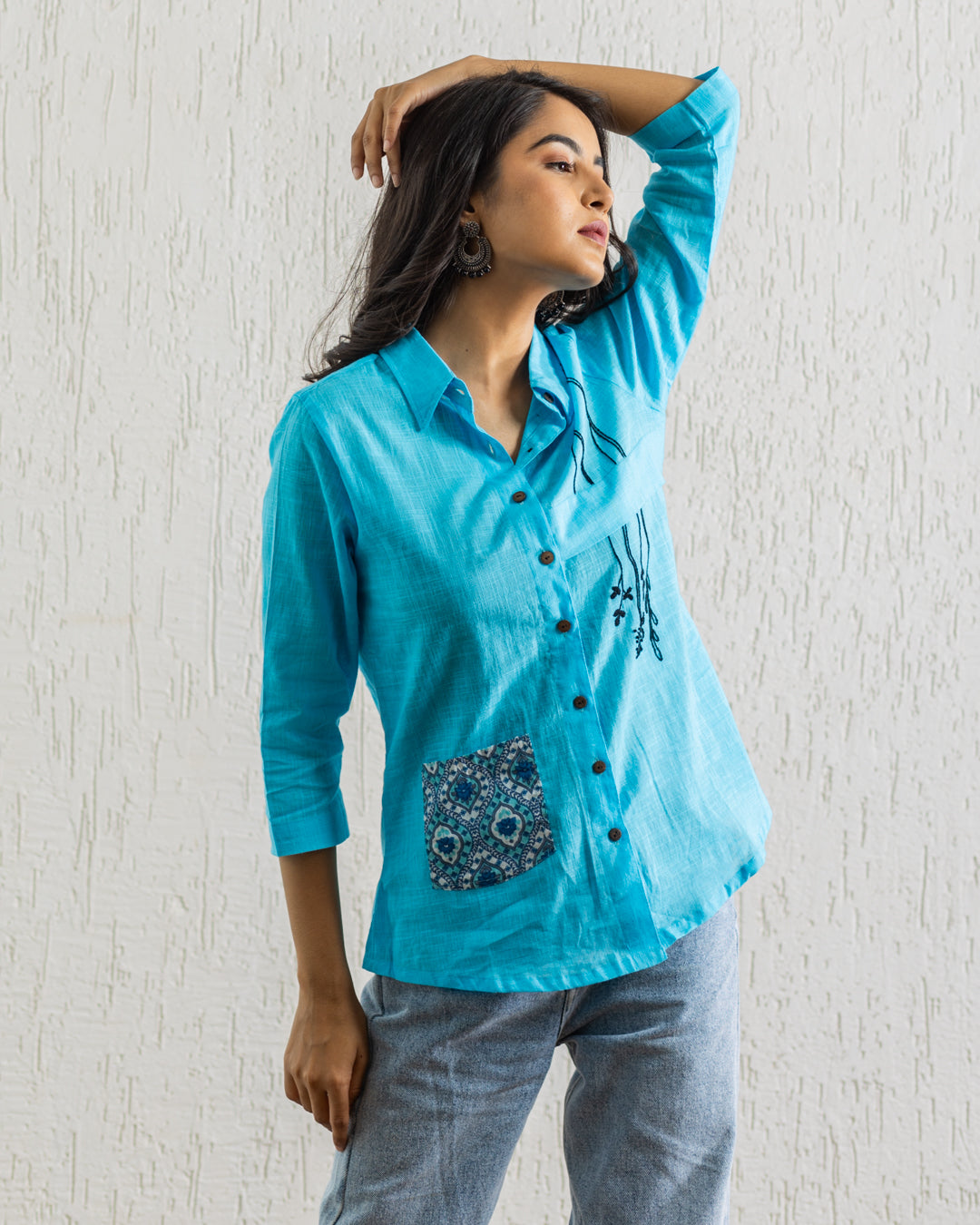 Plain Blue Hanging Embroidery and Printed Pocket Shirt