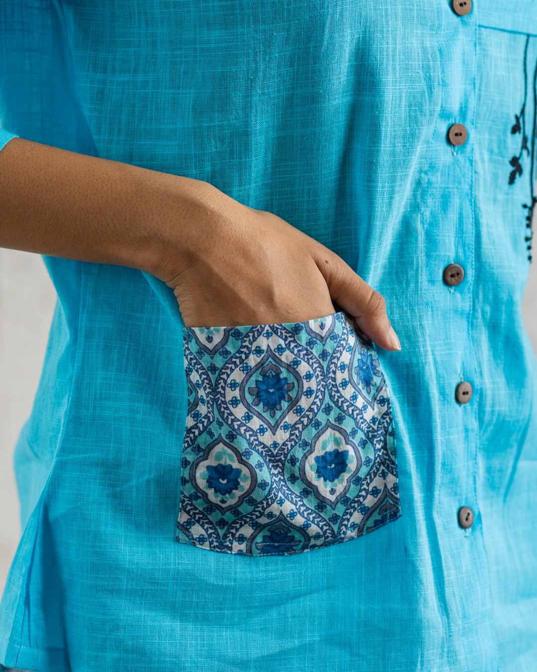Plain Blue Hanging Embroidery and Printed Pocket Shirt