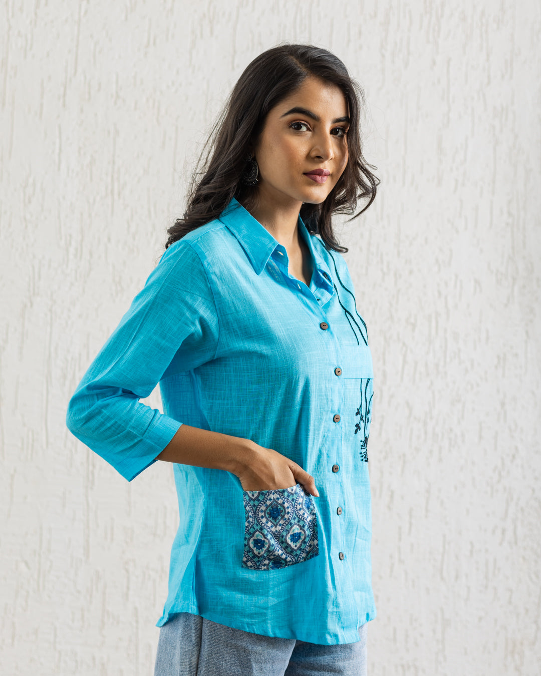 Plain Blue Hanging Embroidery and Printed Pocket Shirt