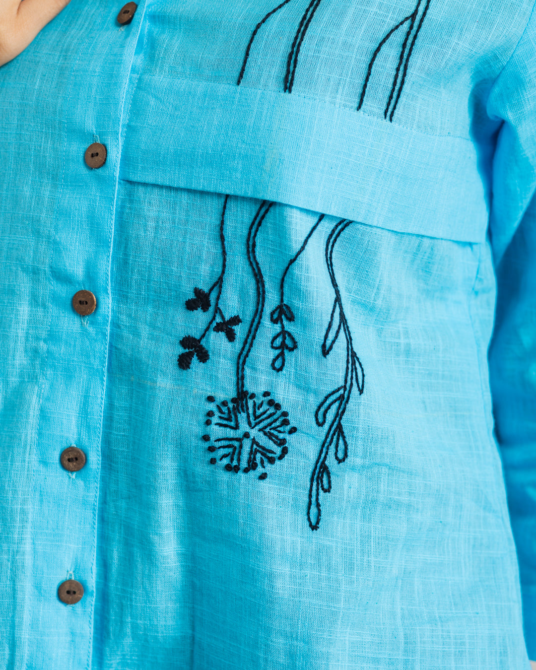 Plain Blue Hanging Embroidery and Printed Pocket Shirt