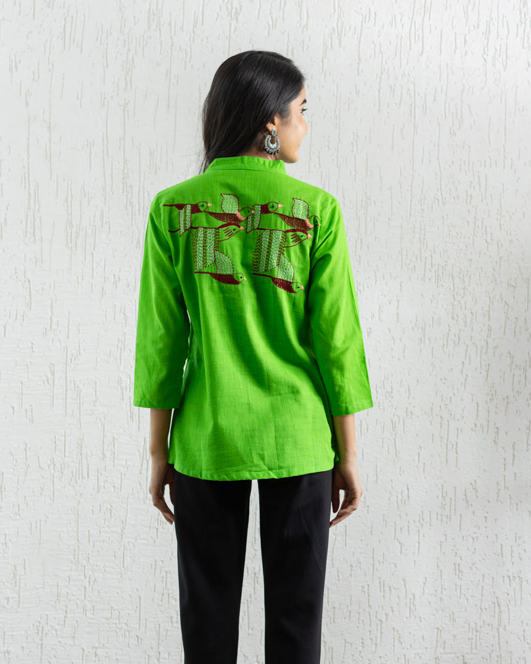 Plain Green Bird Embroidery Shirt