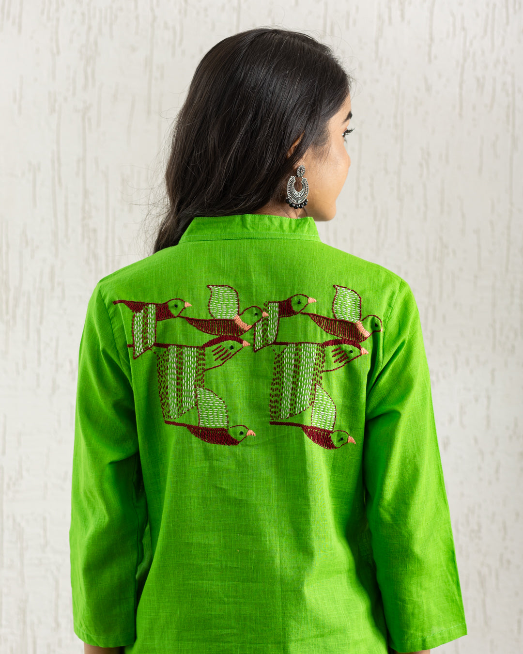 Plain Green Bird Embroidery Shirt