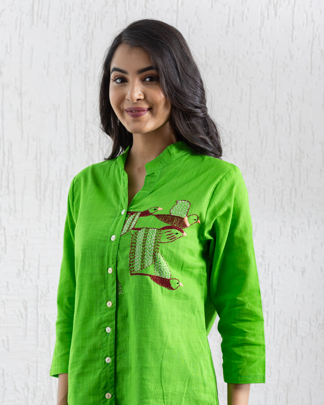 Plain Green Bird Embroidery Shirt