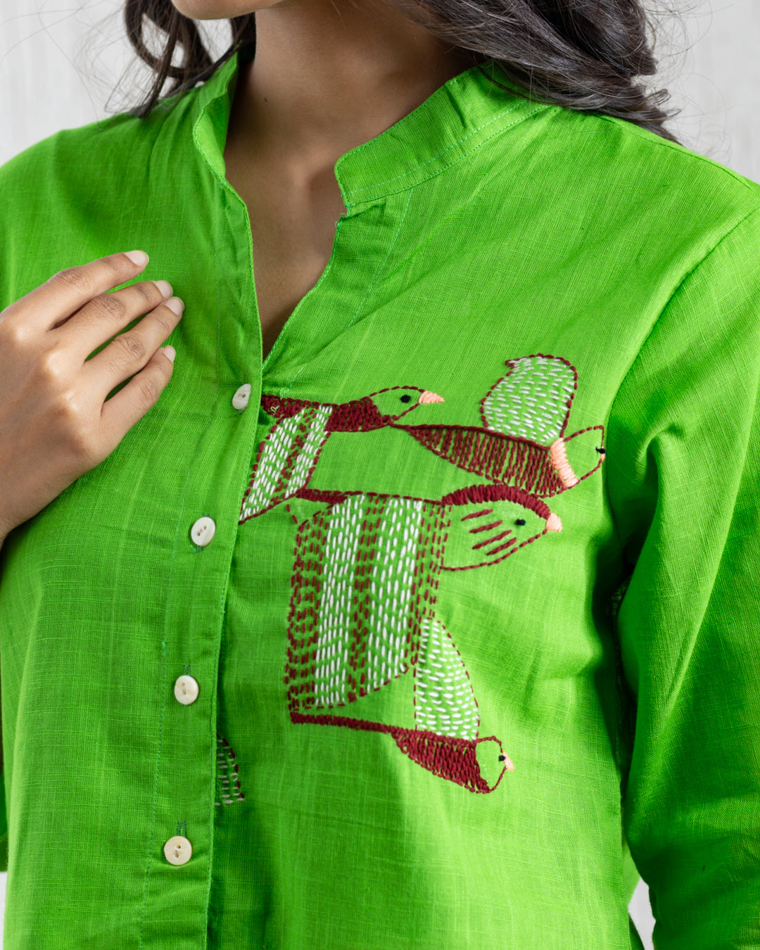 Plain Green Bird Embroidery Shirt