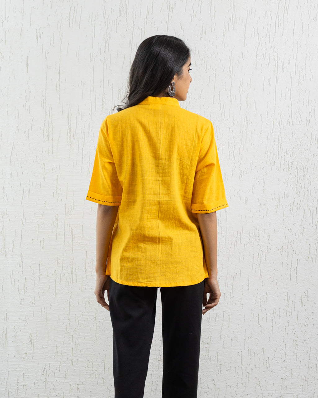 Plain Yellow Zigzag Embroidery Shirt