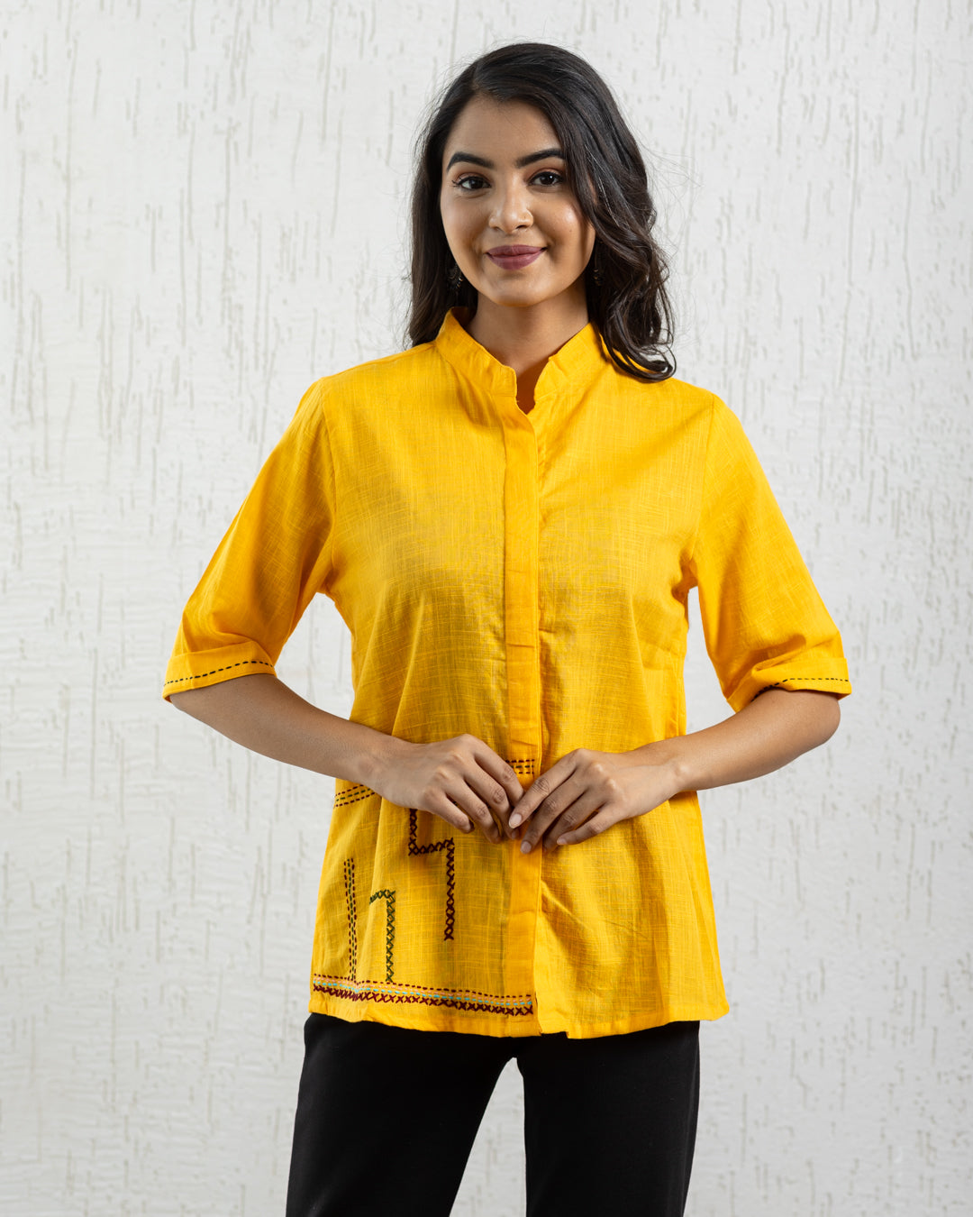 Plain Yellow Zigzag Embroidery Shirt