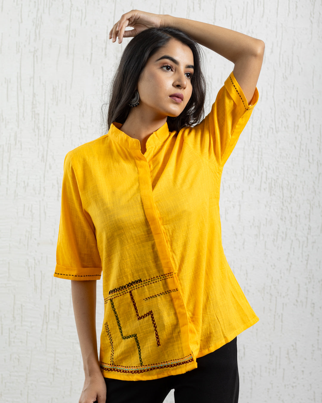 Plain Yellow Zigzag Embroidery Shirt