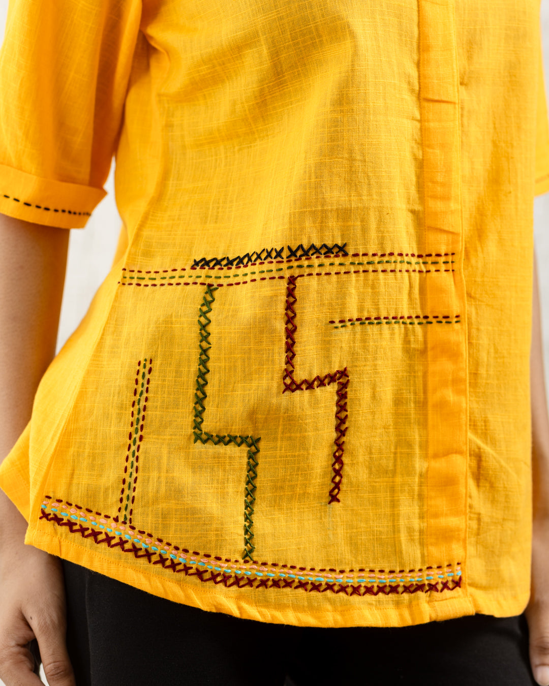 Plain Yellow Zigzag Embroidery Shirt