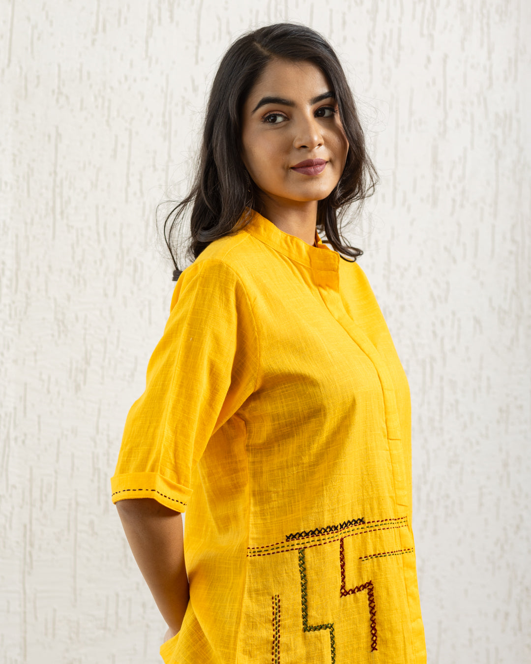 Plain Yellow Zigzag Embroidery Shirt