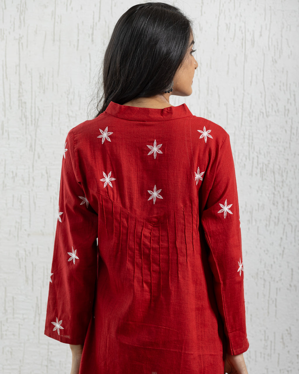 Plain Embroidery Pintuck Tunic - Red