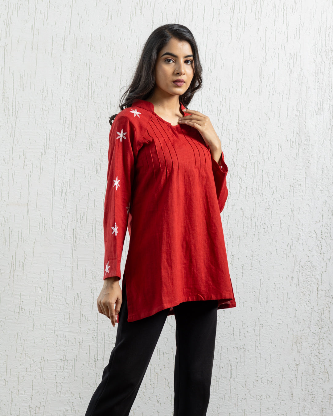 Plain Embroidery Pintuck Tunic - Red