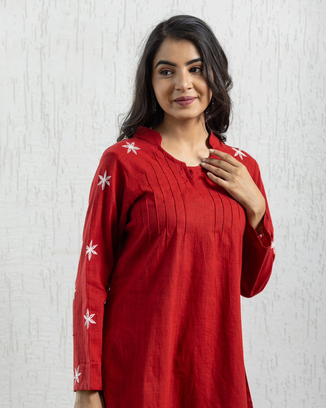 Plain Embroidery Pintuck Tunic - Red