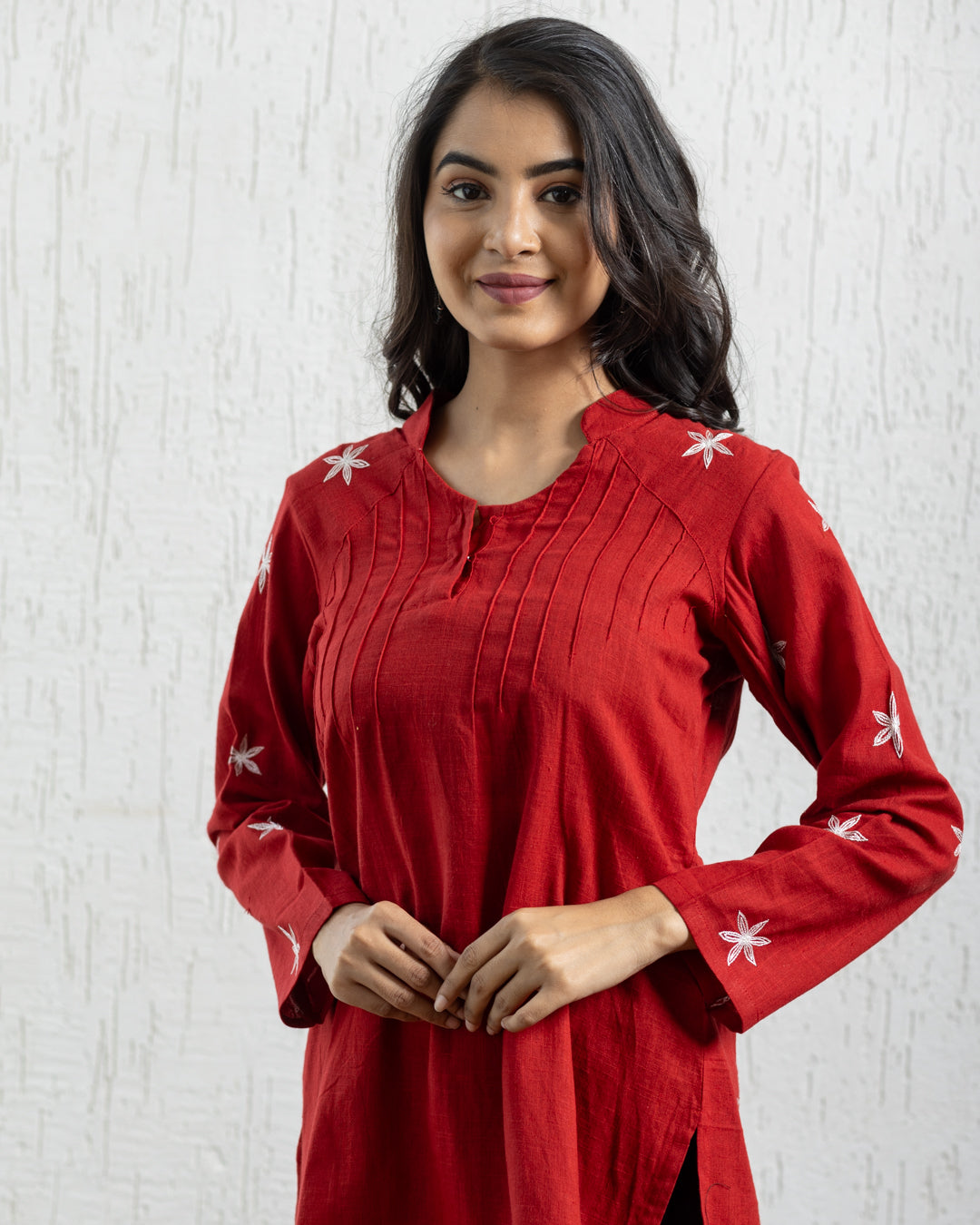 Plain Embroidery Pintuck Tunic - Red