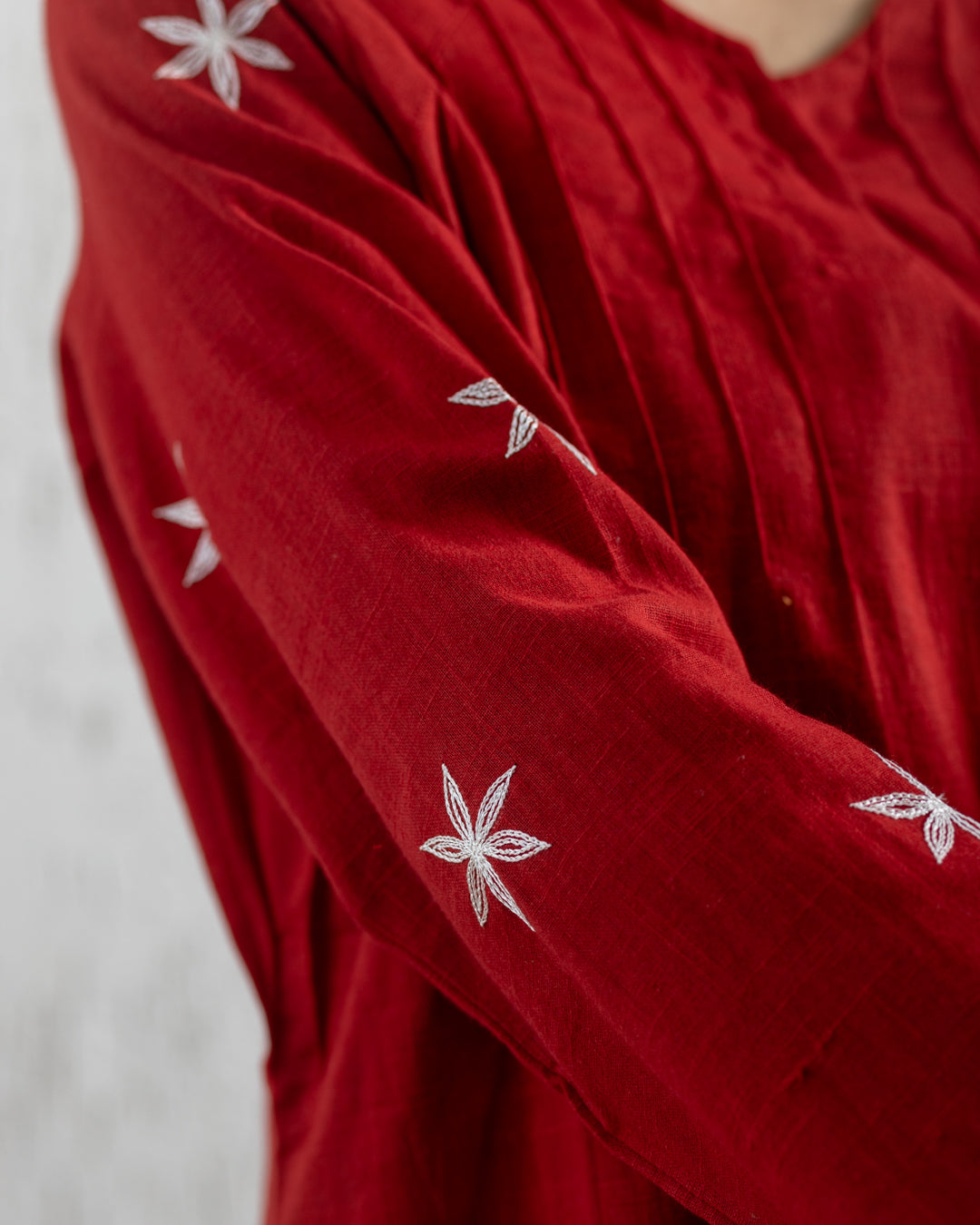Plain Embroidery Pintuck Tunic - Red